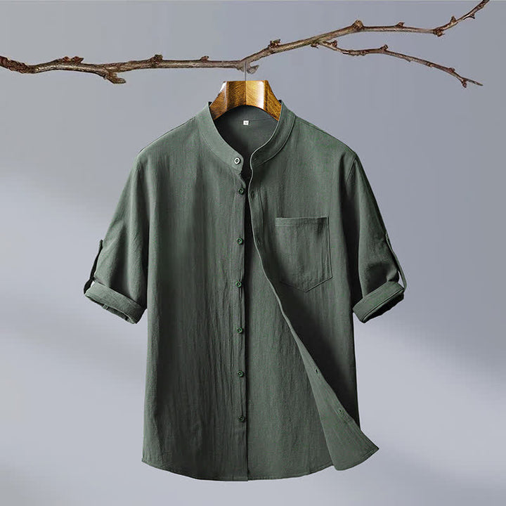 Buddha Stones Camicia da uomo estiva in stile Tang, casual, con colletto alla coreana, maniche corte e taschino applicato, in cotone tinta unita. - Verde oliva scuro - US/UK/AU46, EU56 (5XL) - image 0