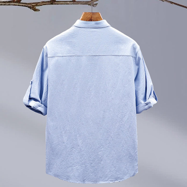 Buddha Stones Camicia da uomo estiva in stile Tang, casual, con colletto alla coreana, maniche corte e taschino applicato, in cotone tinta unita. - image 3