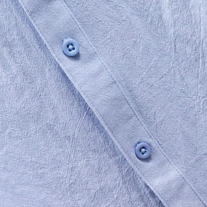 Buddha Stones Camicia da uomo estiva in stile Tang, casual, con colletto alla coreana, maniche corte e taschino applicato, in cotone tinta unita. - image 6