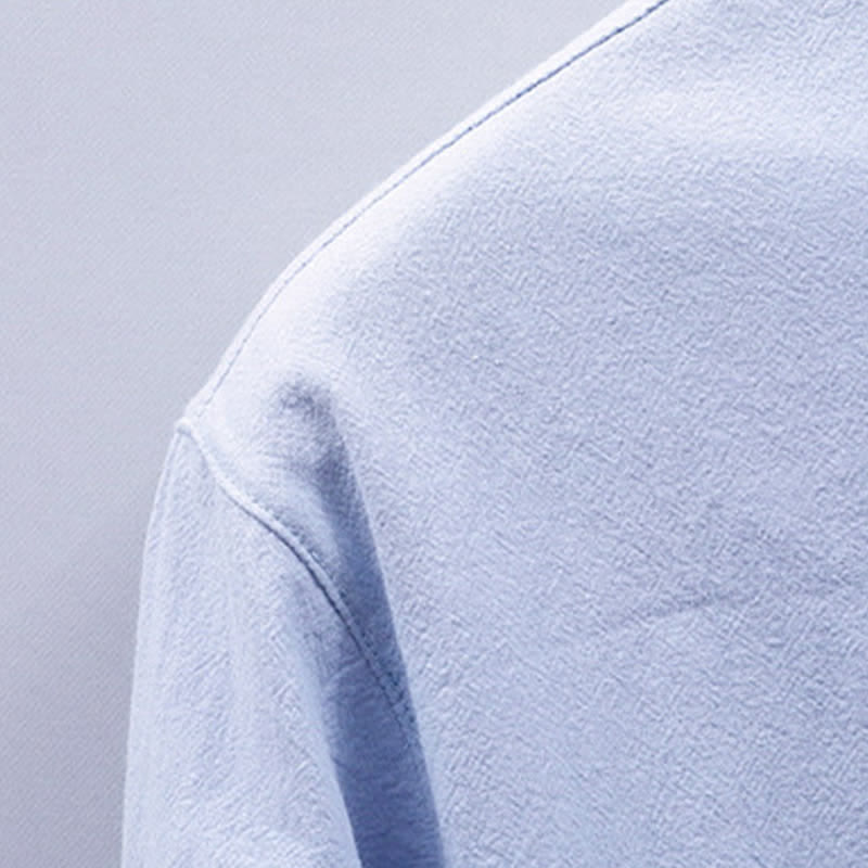 Buddha Stones Camicia da uomo estiva in stile Tang, casual, con colletto alla coreana, maniche corte e taschino applicato, in cotone tinta unita. - image 4