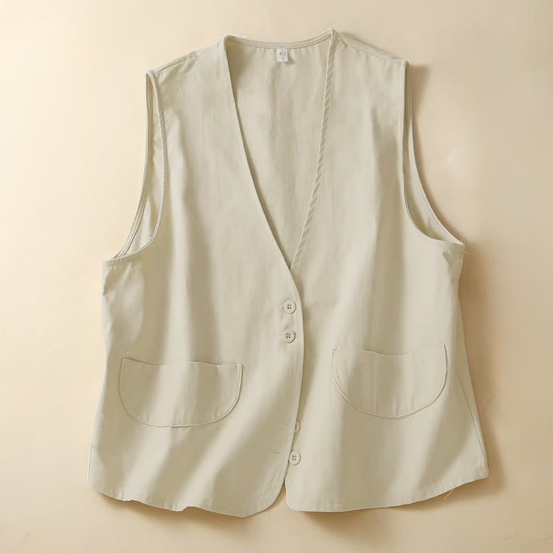 Buddha Stones Camicia senza maniche da donna estiva, casual, minimalista, con bottoni e tasca. - Beige - US14, UK/AU18, EU46 (2XL) - image 0