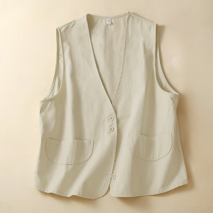 Buddha Stones Camicia senza maniche da donna estiva, casual, minimalista, con bottoni e tasca. - Beige - US14, UK/AU18, EU46 (2XL) - image 0