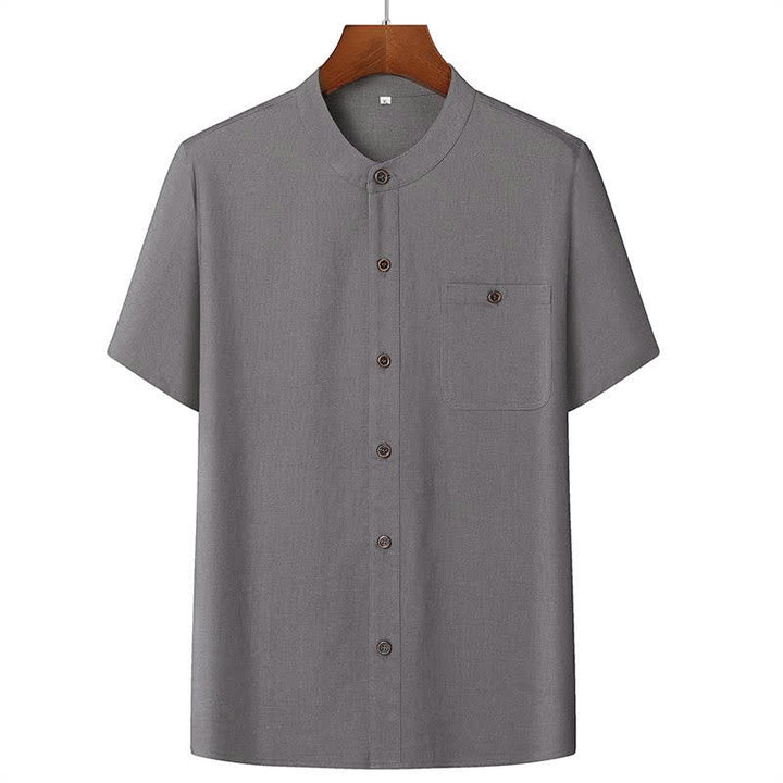 Buddha Stones Completo estivo casual da uomo con camicia a maniche corte, colletto alla coreana e pantaloni con coulisse, con tasche. - Camicia grigio scuro - US/UK/AU46, EU56 (5XL) - image 4