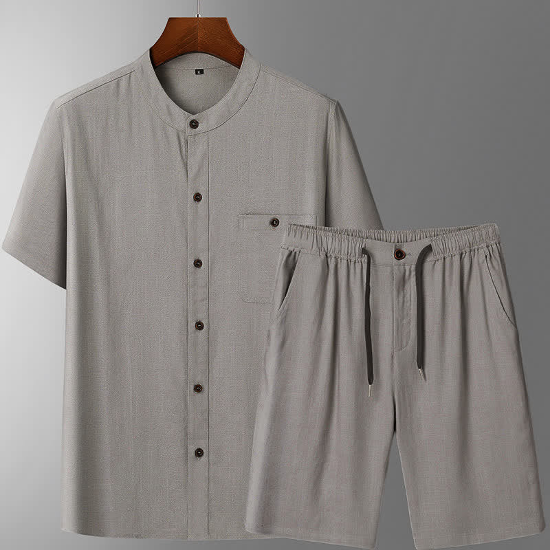 Buddha Stones Completo estivo casual da uomo con camicia a maniche corte, colletto alla coreana e pantaloni con coulisse, con tasche. - Camicia e pantaloni grigio chiaro - US/UK/AU46, EU56 (5XL) - image 3
