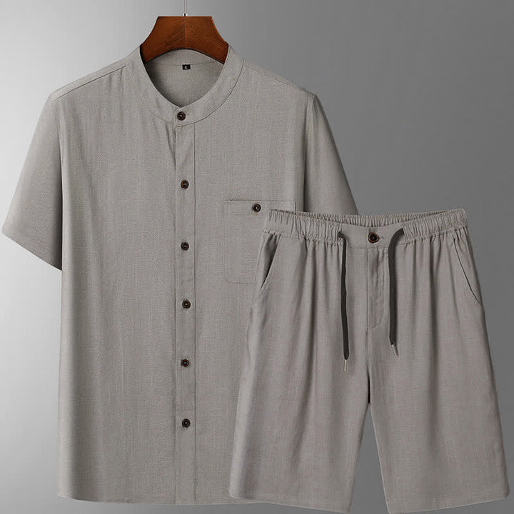 Buddha Stones Completo estivo casual da uomo con camicia a maniche corte, colletto alla coreana e pantaloni con coulisse, con tasche. - Camicia e pantaloni grigio chiaro - US/UK/AU46, EU56 (5XL) - image 3