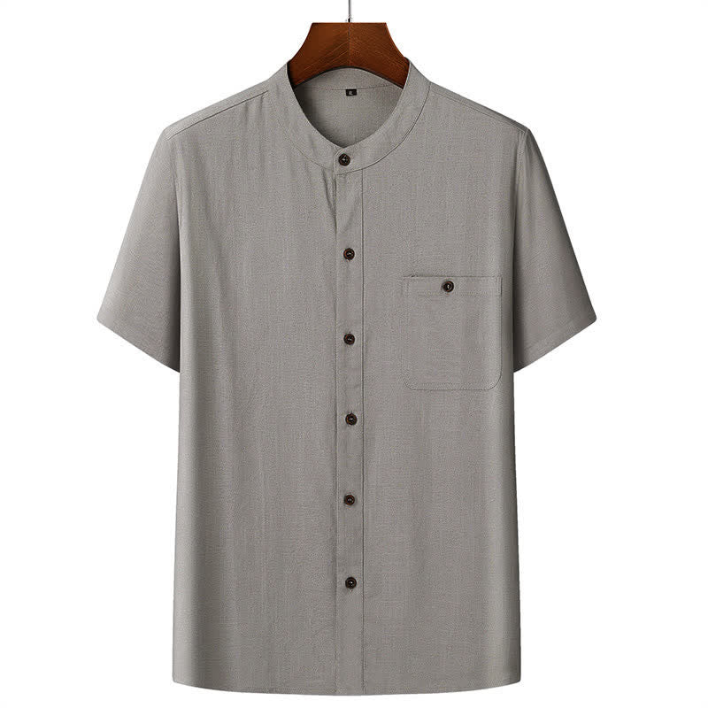 Buddha Stones Completo estivo casual da uomo con camicia a maniche corte, colletto alla coreana e pantaloni con coulisse, con tasche. - Camicia grigio chiaro - US/UK/AU46, EU56 (5XL) - image 12