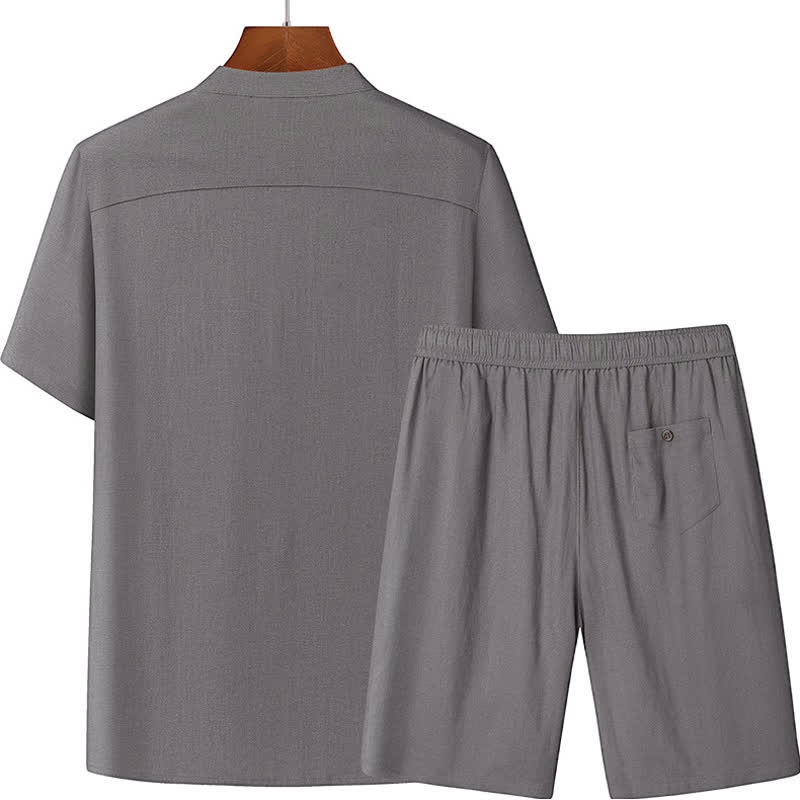 Buddha Stones Completo estivo casual da uomo con camicia a maniche corte, colletto alla coreana e pantaloni con coulisse, con tasche. - image 2