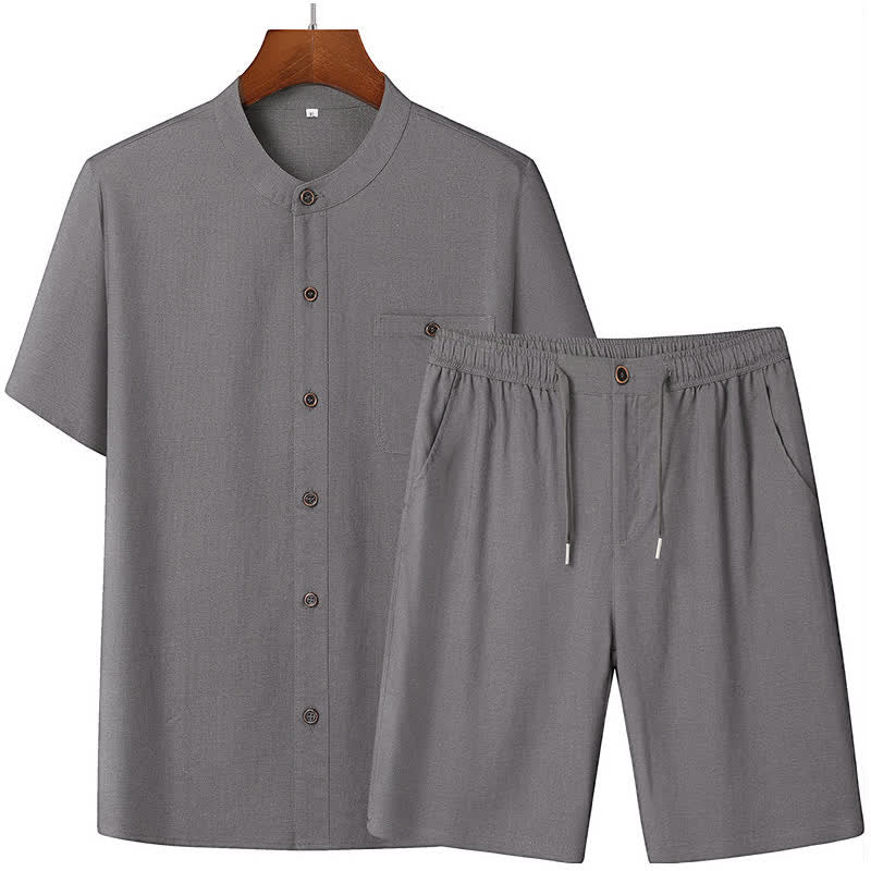 Buddha Stones Completo estivo casual da uomo con camicia a maniche corte, colletto alla coreana e pantaloni con coulisse, con tasche. - image 1