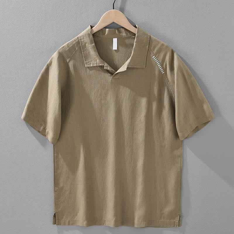 Buddha Stones Camicia da uomo estiva casual minimalista a maniche corte con spacco laterale e colletto a revers. - Tan - US/UK/AU42, EU52 (3XL) - image 1