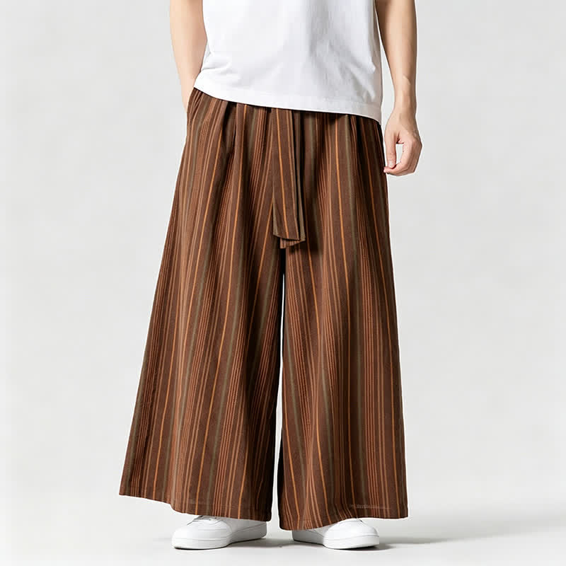 Buddha Stones Pantaloni estivi vintage a righe con coulisse, pantaloni da uomo a gamba larga con tasca - image 8