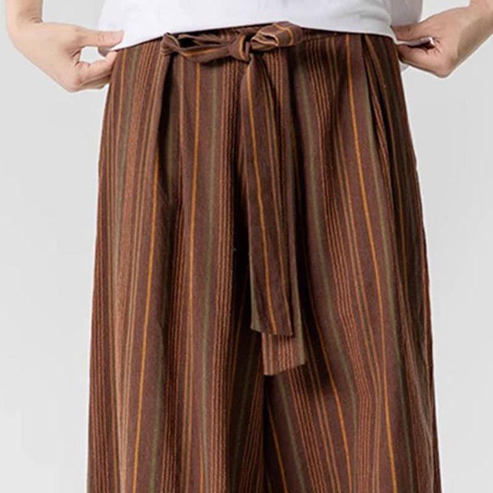 Buddha Stones Pantaloni estivi vintage a righe con coulisse, pantaloni da uomo a gamba larga con tasca - image 15