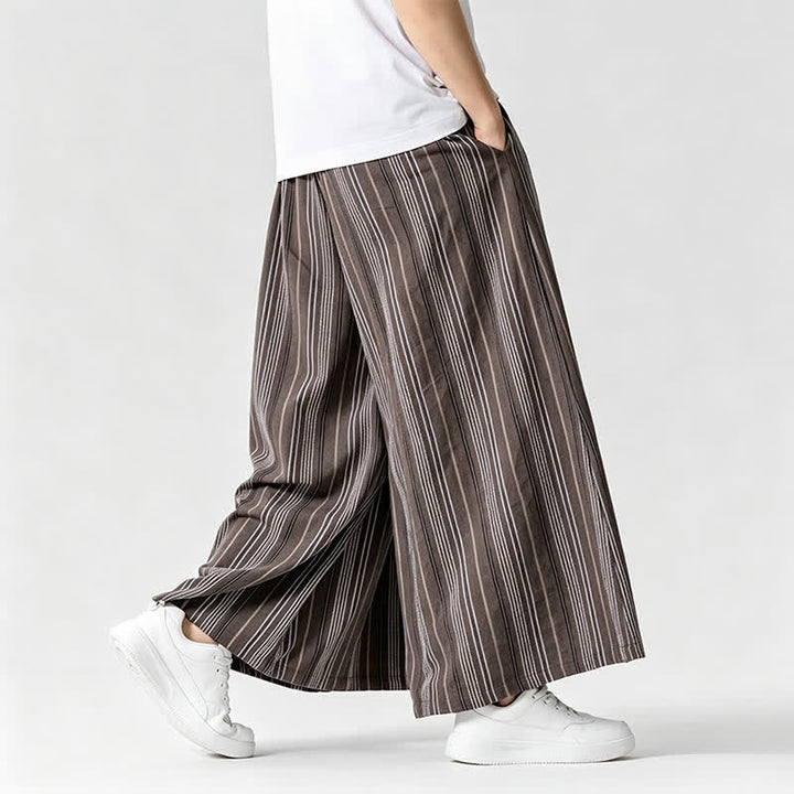 Buddha Stones Pantaloni estivi vintage a righe con coulisse, pantaloni da uomo a gamba larga con tasca - image 25