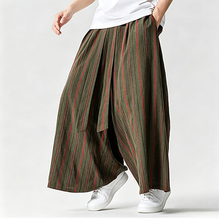 Buddha Stones Pantaloni estivi vintage a righe con coulisse, pantaloni da uomo a gamba larga con tasca - image 5