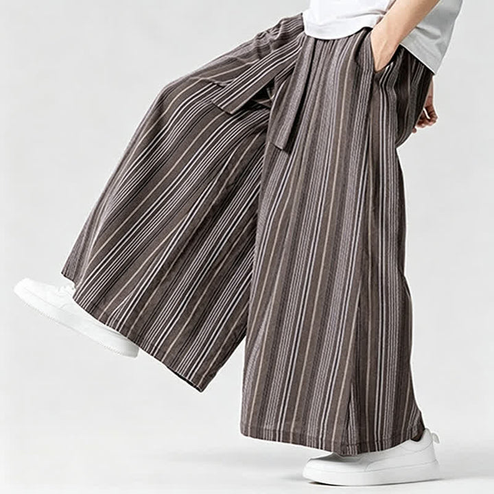 Buddha Stones Pantaloni estivi vintage a righe con coulisse, pantaloni da uomo a gamba larga con tasca - image 26