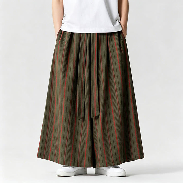 Buddha Stones Pantaloni estivi vintage a righe con coulisse, pantaloni da uomo a gamba larga con tasca - image 1