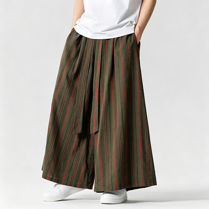 Buddha Stones Pantaloni estivi vintage a righe con coulisse, pantaloni da uomo a gamba larga con tasca - image 2