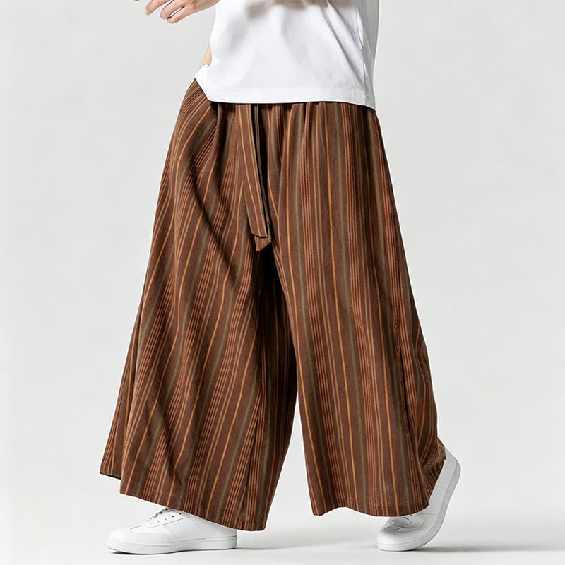 Buddha Stones Pantaloni estivi vintage a righe con coulisse, pantaloni da uomo a gamba larga con tasca - Marrone sella - US/UK/AU42, EU52 (3XL) - image 7