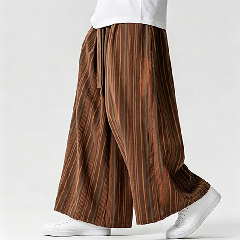 Buddha Stones Pantaloni estivi vintage a righe con coulisse, pantaloni da uomo a gamba larga con tasca - image 9