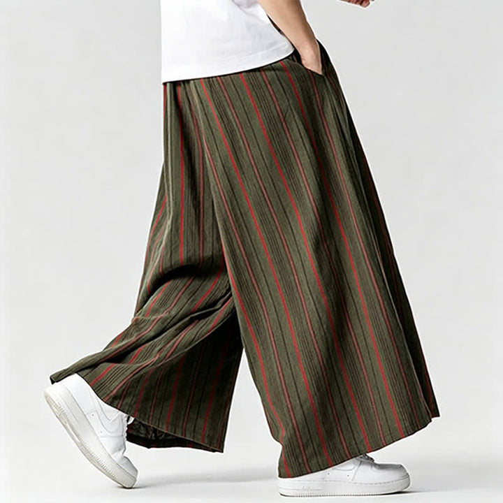 Buddha Stones Pantaloni estivi vintage a righe con coulisse, pantaloni da uomo a gamba larga con tasca - image 3