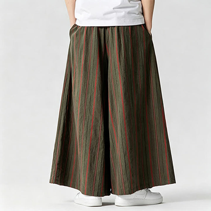 Buddha Stones Pantaloni estivi vintage a righe con coulisse, pantaloni da uomo a gamba larga con tasca - image 4