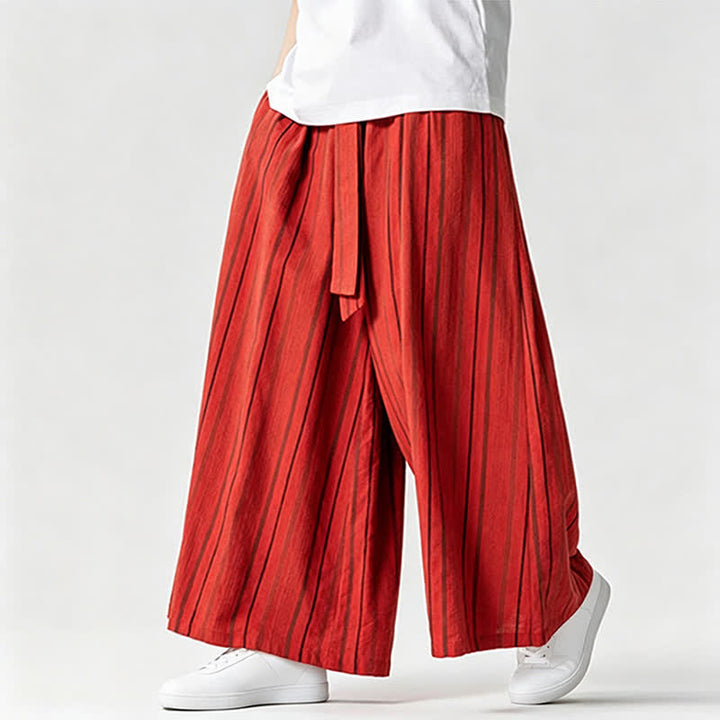 Buddha Stones Pantaloni estivi vintage a righe con coulisse, pantaloni da uomo a gamba larga con tasca - Rosso - US/UK/AU42, EU52 (3XL) - image 27