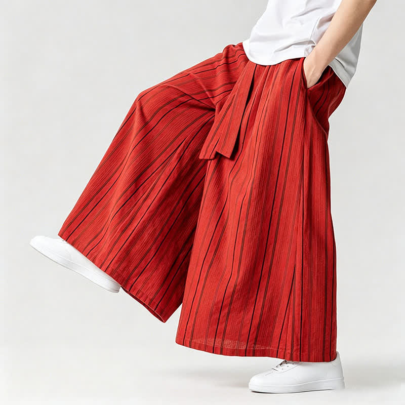 Buddha Stones Pantaloni estivi vintage a righe con coulisse, pantaloni da uomo a gamba larga con tasca - image 33