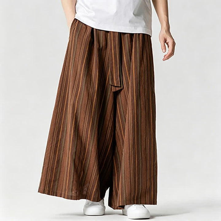 Buddha Stones Pantaloni estivi vintage a righe con coulisse, pantaloni da uomo a gamba larga con tasca - image 13