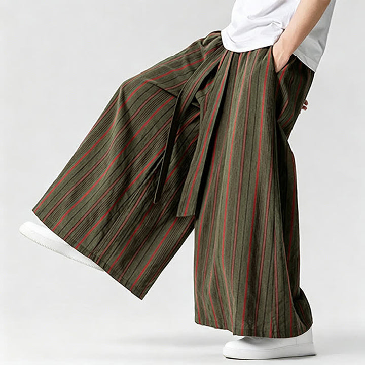 Buddha Stones Pantaloni estivi vintage a righe con coulisse, pantaloni da uomo a gamba larga con tasca - image 6