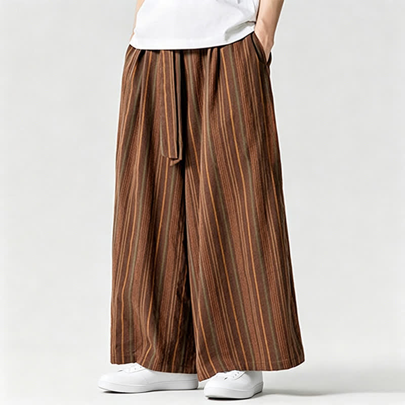 Buddha Stones Pantaloni estivi vintage a righe con coulisse, pantaloni da uomo a gamba larga con tasca - image 12