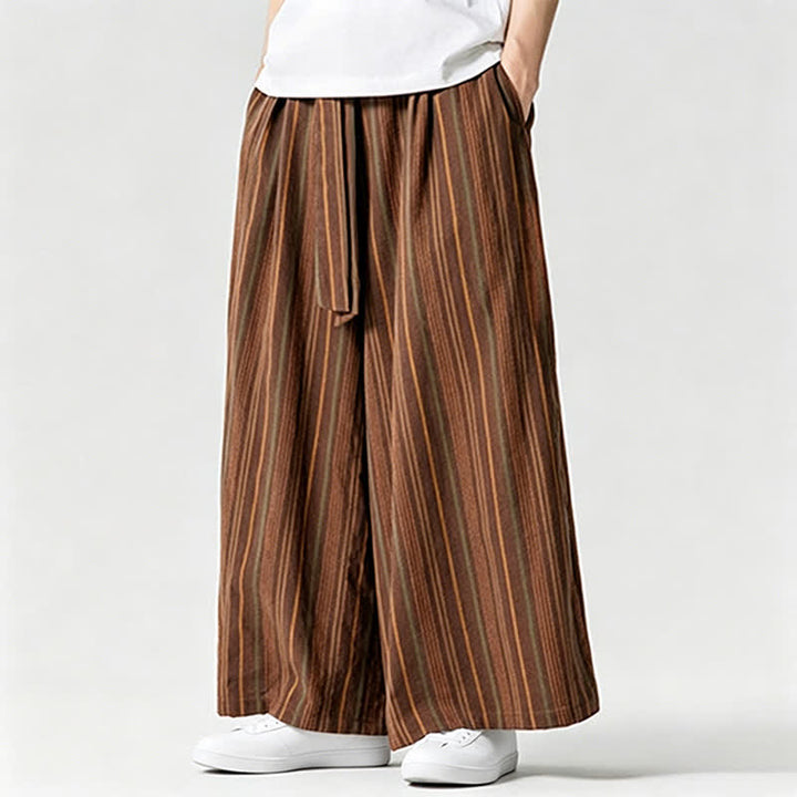 Buddha Stones Pantaloni estivi vintage a righe con coulisse, pantaloni da uomo a gamba larga con tasca - image 12