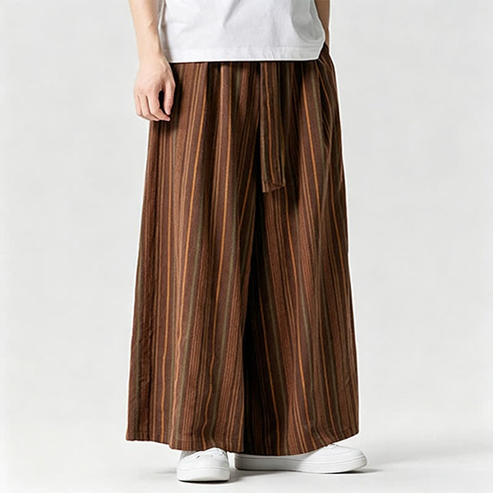 Buddha Stones Pantaloni estivi vintage a righe con coulisse, pantaloni da uomo a gamba larga con tasca - image 11