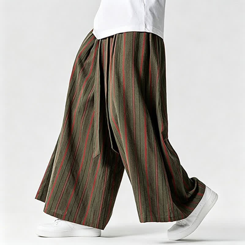 Buddha Stones Pantaloni estivi vintage a righe con coulisse, pantaloni da uomo a gamba larga con tasca - Verde oliva scuro - US/UK/AU42, EU52 (3XL) - image 0