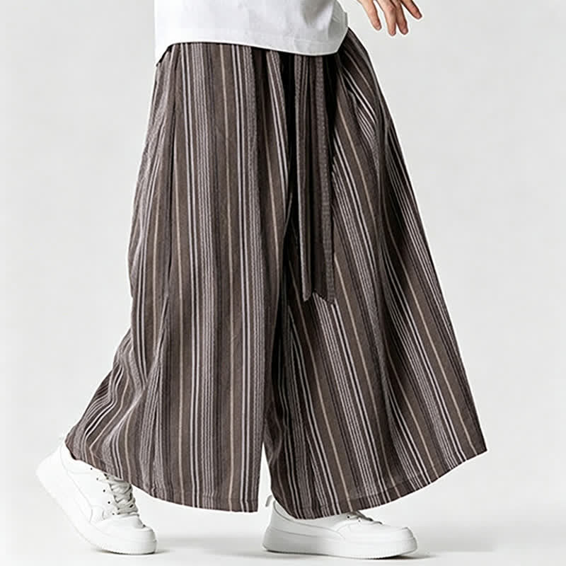 Buddha Stones Pantaloni estivi vintage a righe con coulisse, pantaloni da uomo a gamba larga con tasca - image 22