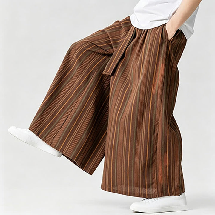 Buddha Stones Pantaloni estivi vintage a righe con coulisse, pantaloni da uomo a gamba larga con tasca - image 14