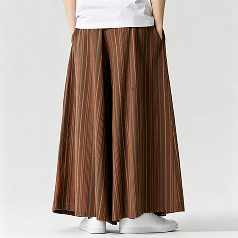 Buddha Stones Pantaloni estivi vintage a righe con coulisse, pantaloni da uomo a gamba larga con tasca - image 10