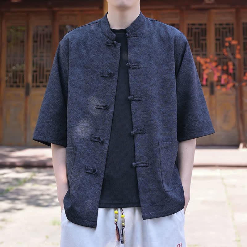 Buddha Stones Camicia da uomo a maniche corte, tinta unita, con colletto alla coreana, bottoni a rana, stile estivo Tang, con taschino. - image 12