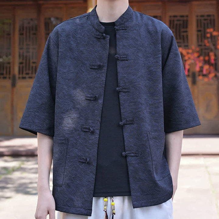 Buddha Stones Camicia da uomo a maniche corte, tinta unita, con colletto alla coreana, bottoni a rana, stile estivo Tang, con taschino. - image 8
