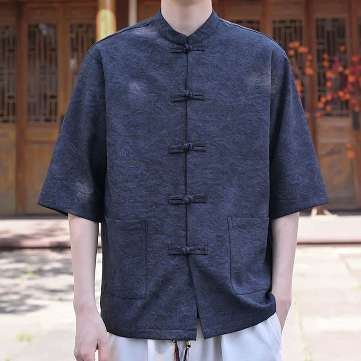 Buddha Stones Camicia da uomo a maniche corte, tinta unita, con colletto alla coreana, bottoni a rana, stile estivo Tang, con taschino. - Blu notte - US/UK/AU46, EU56 (5XL) - image 7