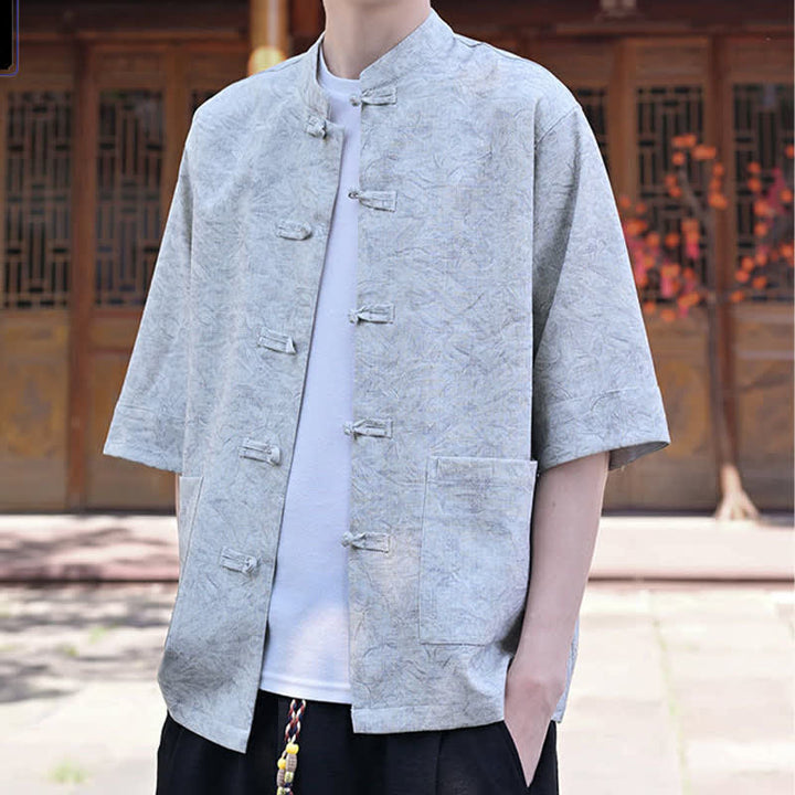 Buddha Stones Camicia da uomo a maniche corte, tinta unita, con colletto alla coreana, bottoni a rana, stile estivo Tang, con taschino. - image 2