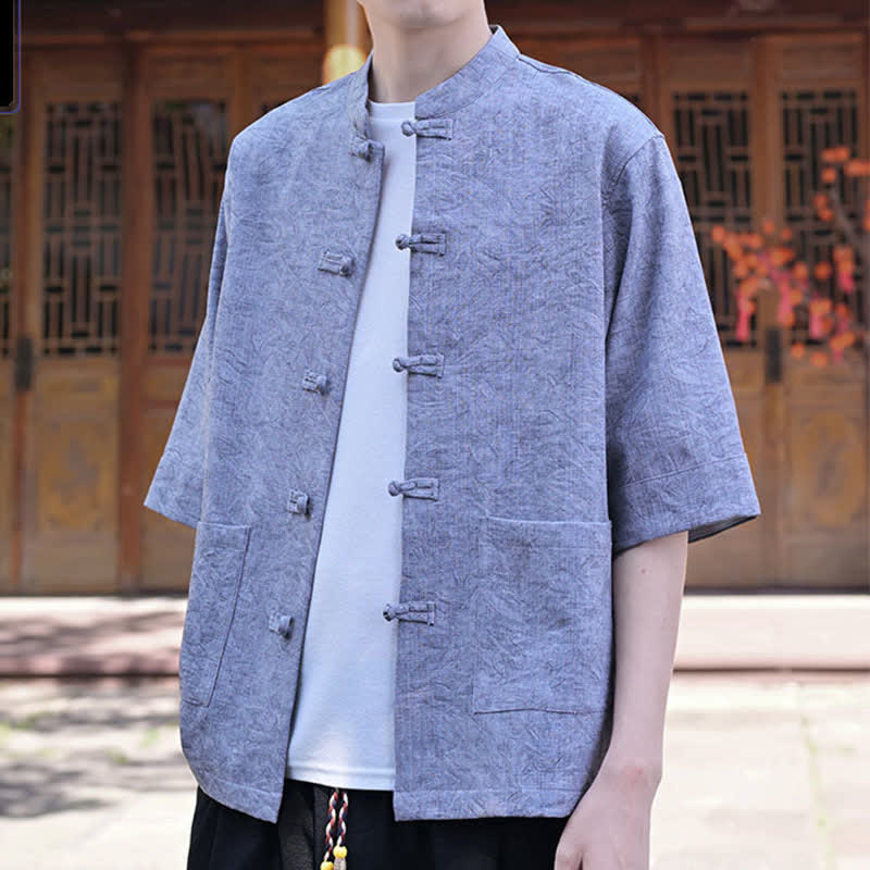 Buddha Stones Camicia da uomo a maniche corte, tinta unita, con colletto alla coreana, bottoni a rana, stile estivo Tang, con taschino. - image 16