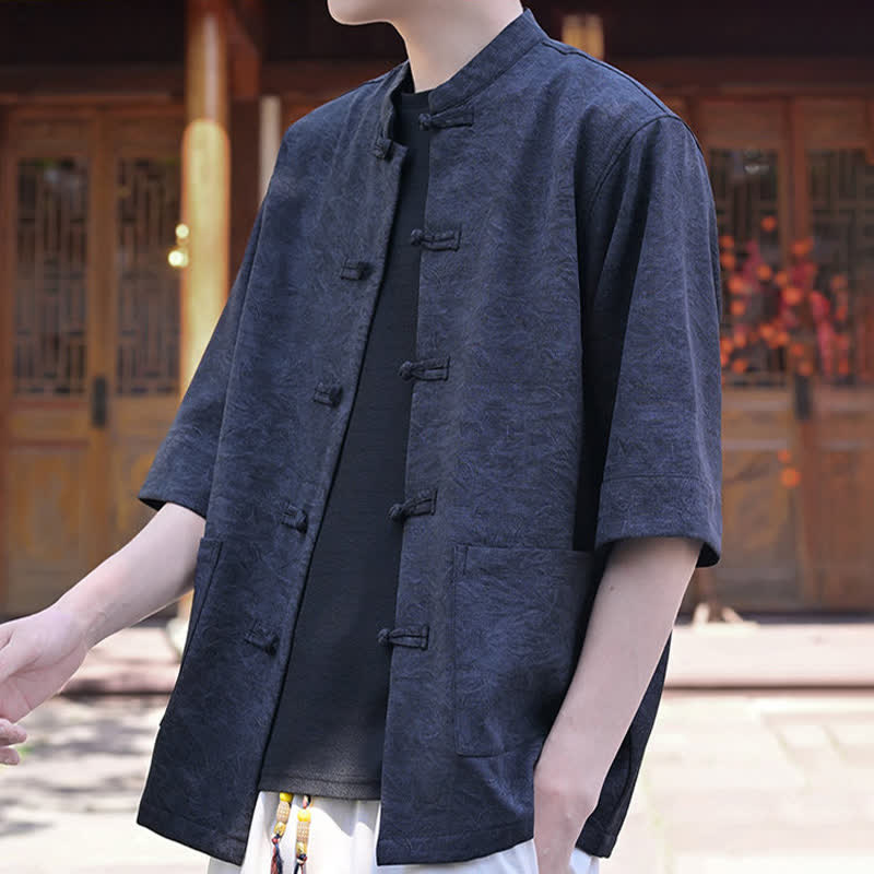 Buddha Stones Camicia da uomo a maniche corte, tinta unita, con colletto alla coreana, bottoni a rana, stile estivo Tang, con taschino. - image 11