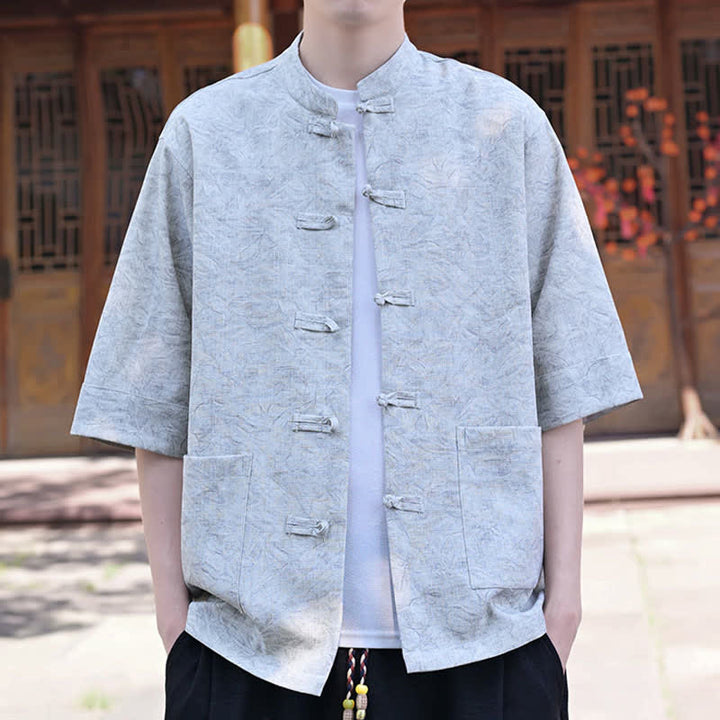 Buddha Stones Camicia da uomo a maniche corte, tinta unita, con colletto alla coreana, bottoni a rana, stile estivo Tang, con taschino. - Azzurro chiaro - US/UK/AU46, EU56 (5XL) - image 0