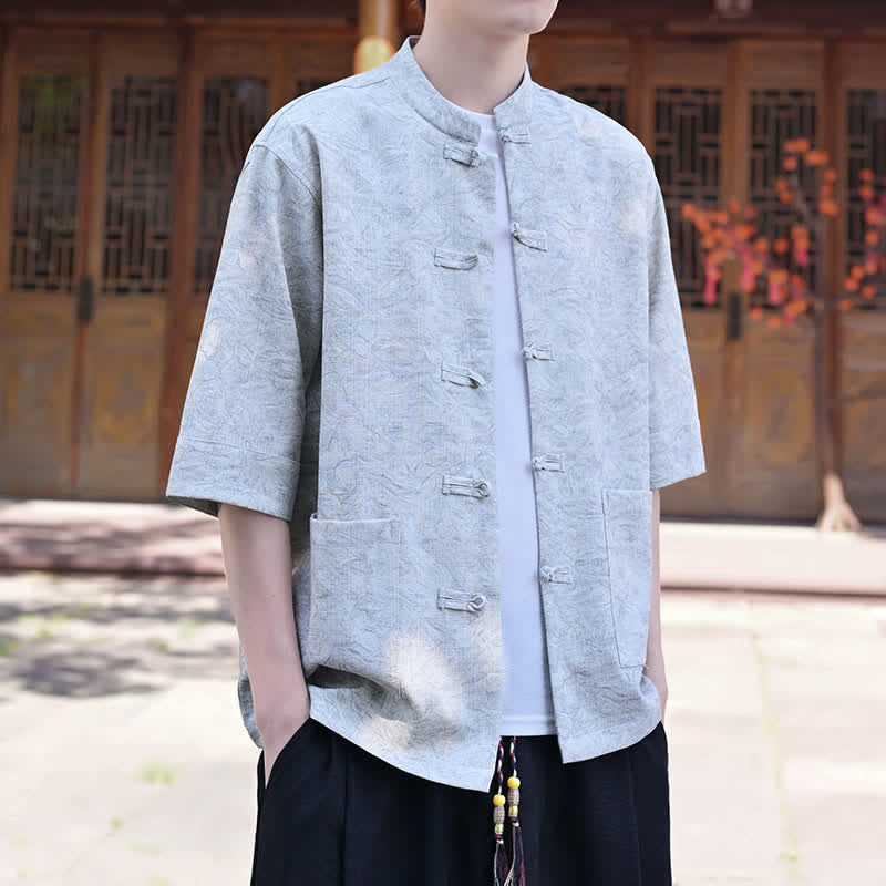 Buddha Stones Camicia da uomo a maniche corte, tinta unita, con colletto alla coreana, bottoni a rana, stile estivo Tang, con taschino. - image 1