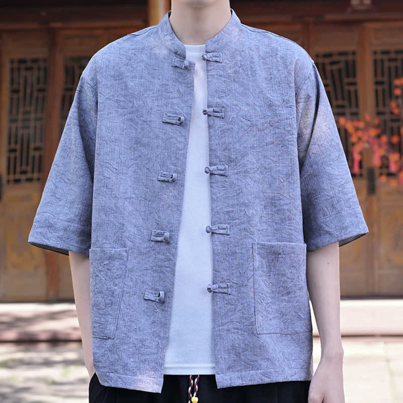 Buddha Stones Camicia da uomo a maniche corte, tinta unita, con colletto alla coreana, bottoni a rana, stile estivo Tang, con taschino. - image 15