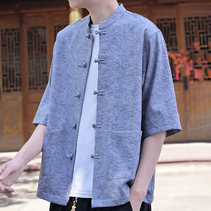 Buddha Stones Camicia da uomo a maniche corte, tinta unita, con colletto alla coreana, bottoni a rana, stile estivo Tang, con taschino. - image 18