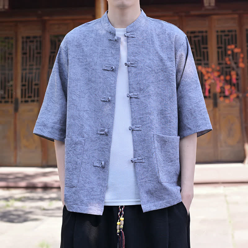 Buddha Stones Camicia da uomo a maniche corte, tinta unita, con colletto alla coreana, bottoni a rana, stile estivo Tang, con taschino. - image 19