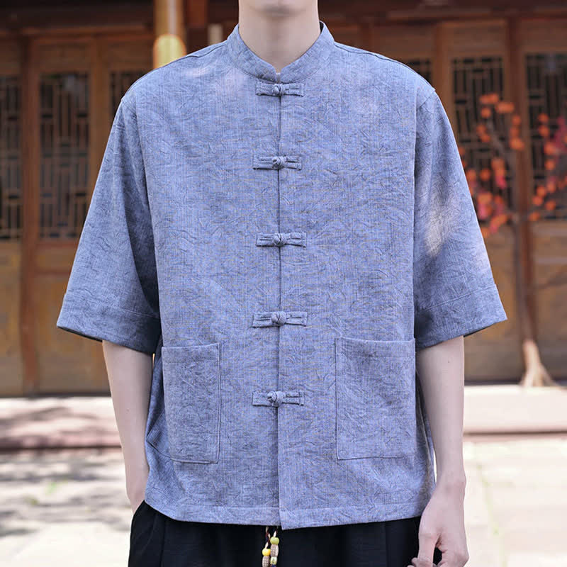 Buddha Stones Camicia da uomo a maniche corte, tinta unita, con colletto alla coreana, bottoni a rana, stile estivo Tang, con taschino. - image 20