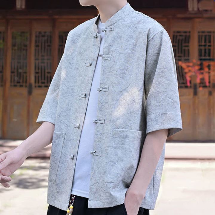 Buddha Stones Camicia da uomo a maniche corte, tinta unita, con colletto alla coreana, bottoni a rana, stile estivo Tang, con taschino. - image 4