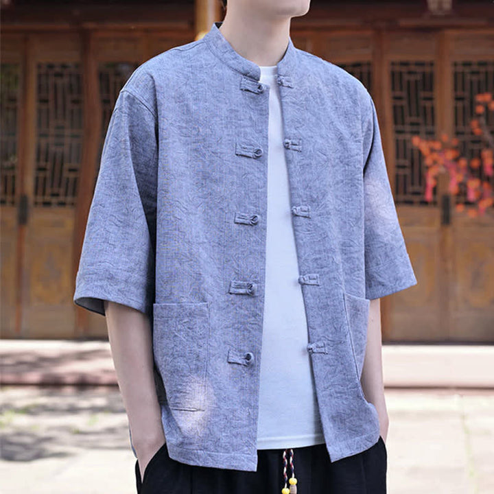 Buddha Stones Camicia da uomo a maniche corte, tinta unita, con colletto alla coreana, bottoni a rana, stile estivo Tang, con taschino. - image 17