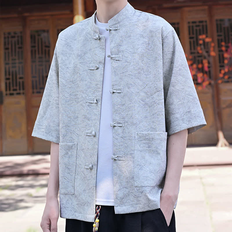 Buddha Stones Camicia da uomo a maniche corte, tinta unita, con colletto alla coreana, bottoni a rana, stile estivo Tang, con taschino. - image 5
